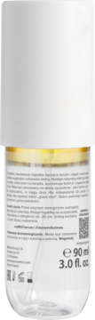 Tył dwufazowego serum myMISTserum w przezroczystej butelce z białą nakrętką i złotym detalem, 90ml.