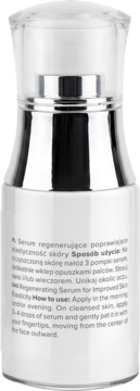 Serum Miya My Bloom Regenerujące w srebrnej butelce z pompką, widok z przodu, opis użycia na etykiecie.