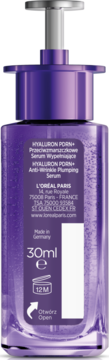Tył fioletowego serum L'Oréal Paris Hyaluron Anti-Wrinkle Plumping, widoczna etykieta z inf. 30ml.