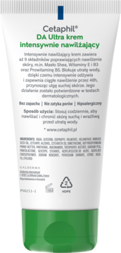 Tylna strona białej tubki Cetaphil DA Ultra kremu intensywnie nawilżającego, z zieloną nakrętką i pełnym opisem składu, dla suchej skóry.