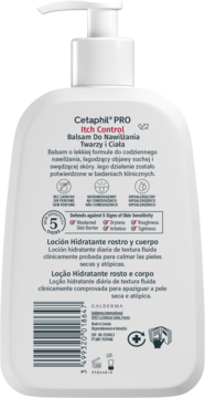 Tył białej butelki Cetaphil PRO Itch Control balsamu do ciała, z etykietą i kodem kreskowym na suchą skórę.