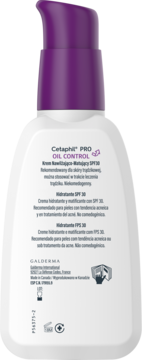 Tył białego Cetaphil PRO Oil Control kremu nawilżającego SPF30 z fioletową pompką, dla skóry trądzikowej.