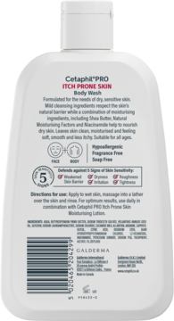 Tył białej butelki Cetaphil PRO ITCH PRONE SKIN Body Wash, z opisem do skóry swędzącej, kodem kreskowym.