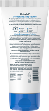 Tył białej tubki Cetaphil Gentle Exfoliating Cleanser z niebieską nakrętką, opis, skład i ochrona przed 5 oznakami wrażliwości.