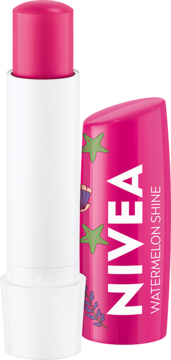 NIVEA Watermelon Shine pomadka o arbuzowym zapachu, różowy wkład, biała tuba z odkręconą, zdobioną nasadką.