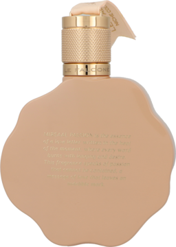 Le Falcone Mirsaal Passion 100ml: beżowa butelka perfum o organicznym kształcie z ryflowaną złotą nakrętką, widok z tyłu z tekstem.