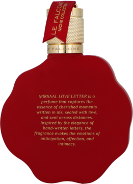 Le Falcone Niche Mirsaal Love Letter 100ml, czerwona butelka z tekstem o zapachu, złoty korek, widok z przodu.