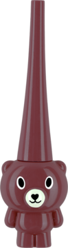 Eyeliner do powiek w butelce ciemnego burgunda, w kształcie misia z białymi oczami i długą, stożkową nakrętką.