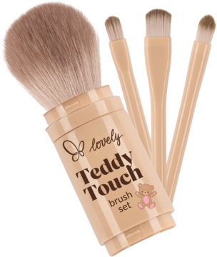 Zestaw beżowych pędzli do makijażu Lovely Teddy Touch: duży składany pędzel i trzy małe, widok z przodu.