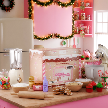 Kalendarz Fluff Ms Claus’ Bakery, zestaw kosmetyków, na różowym blacie w świątecznej cukierni, z wypiekami.