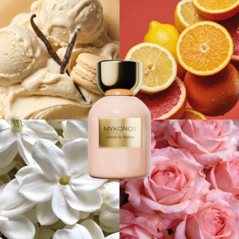 Flakon Mykonos Vanilla Clouds Extrait de Parfum na tle wanilii, cytrusów, jaśminu i róż. Słodki gourmand zapach.