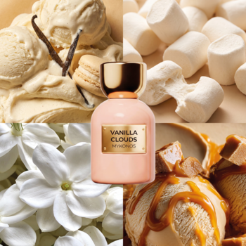 Mykonos Vanilla Clouds perfum. Butelka w centrum kompozycji z lodami waniliowymi, piankami, białymi kwiatami i karmelem.