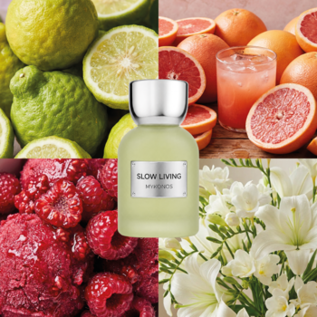 Woda perfumowana Mykonos Slow Living, butelka na tle cytrusów, różowych grapefruitów, malin i białych kwiatów.