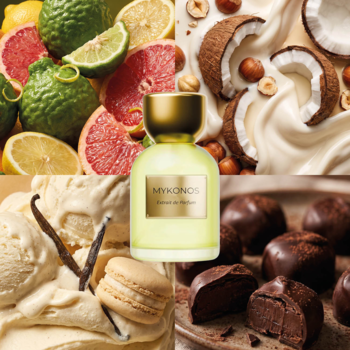 Mykonos Matcha Latte Extrait de Parfum w butelce, otoczone cytrusami, kokosem, wanilią i czekoladą. Widok z góry.