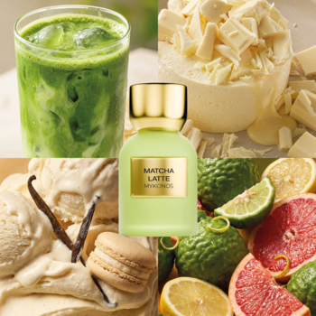 Perfumy Mykonos Matcha Latte w zielonym flakonie, otoczone matchą, białą czekoladą, wanilią i cytrusami.