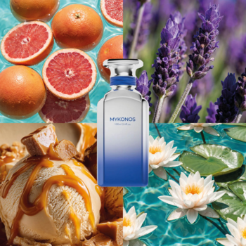 Perfumy Mykonos California Blue, biało-niebieska butelka pośrodku kolażu z grejpfrutem, lawendą, karmelem i liliami.