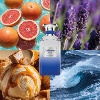 Mykonos California Blue, perfumy męskie, butelka w otoczeniu grejpfrutów, lawendy, karmelu i fal morskich.