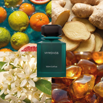Mykonos Sorrento Extrait de parfum, ciemnozielona butelka pośrodku. Wokół cytrusy, imbir, kwiaty neroli, bursztyn. Świeża, męska kompozycja.
