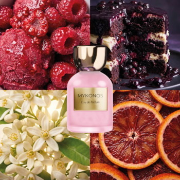 Różowy flakon Mykonos Pink Beach EDP w centrum kolażu owocowo-kwiatowego: maliny, ciasto, białe kwiaty, pomarańcze.