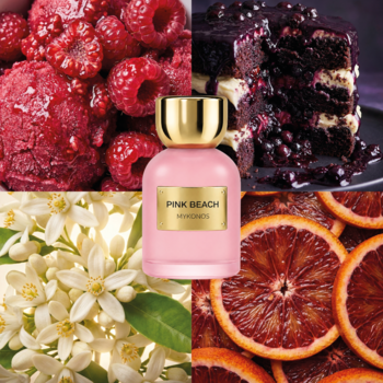 Różowa butelka Mykonos Pink Beach wody perfumowanej damskiej, otoczona owocami (maliny, pomarańcze), ciastem i kwiatami.
