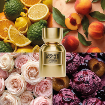 Ekstrakt perfum Mykonos Monaco Royale w złotej butelce, na tle kolażu z cytrusami, brzoskwiniami, różami i jagodami.