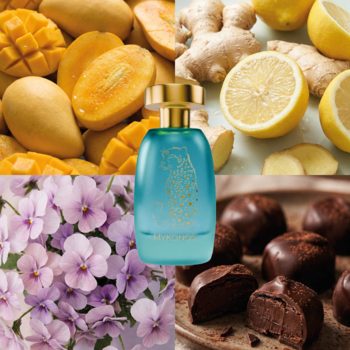 Męski ekstrakt perfum Mykonos Dreamscape w turkusowej butelce, wokół mango, cytryna, imbir, fiołki i praliny.