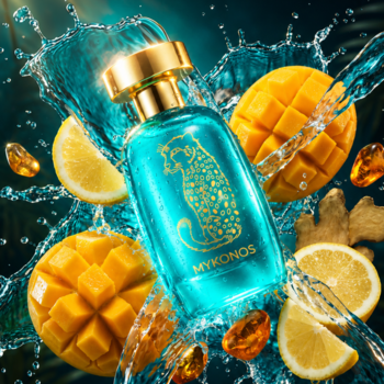 Ekstrakt perfum Mykonos Dreamscape, turkusowa butelka z jaguarem, mango, cytryna, imbir i woda.