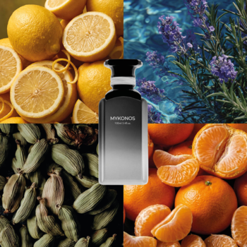 Męskie perfumy Myronos, butelka w otoczeniu cytryn, lawendy, kardamonu, mandarynek, cytrusowo-aromatyczne.