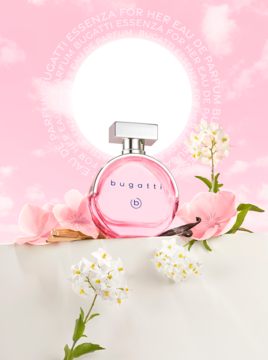 bugatti Essenza For Her woda perfumowana kwiatowo-piżmowa, różowa butelka, srebrny korek, otoczona kwiatami na różowym tle.