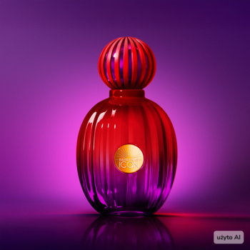 Perfumy damskie w prążkowanej butelce (czerwień-fiolet) ze złotym medalionem, na lśniącym fioletowym tle.