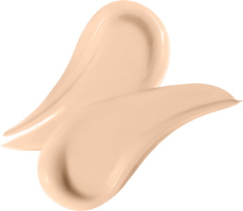 Dwa płynne smugi podkładu Rimmel Match Perfection w jasnym, beżowym odcieniu, na czarnym tle.