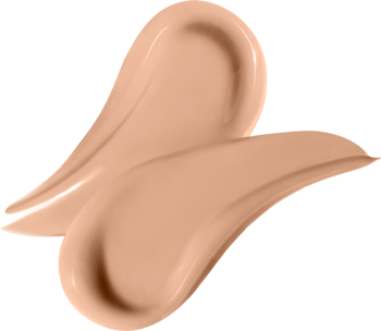 Dwa beżowe swatche podkładu Rimmel Match Perfection w płynie, kremowy, średnie krycie, na czarnym tle.