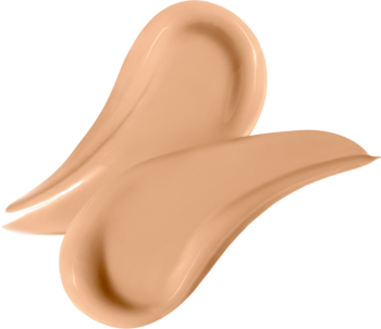 Rimmel Match Perfection: dwa kremowe swatche płynnego podkładu w naturalnym odcieniu beżu na czarnym tle.