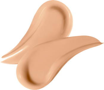 Rimmel Match Perfection podkład w płynie. Dwa beżowe, kremowe swatche na czarnym tle, prezentujące płynną formułę.