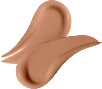 Dwa beżowe smugi podkładu Rimmel Match Perfection na czarnym tle, gładka, płynna konsystencja.