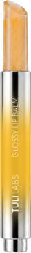 Złoty, błyszczący balsam do ust FULL LABS z napisem GLOSSY LIP BALM w srebrnym sztyfcie, widok z przodu.
