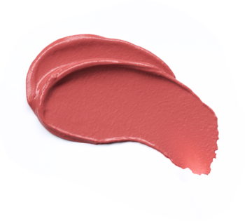 Zbliżenie na swatch pomadki w musie essence JUICY MATTE 04 w zgaszonym brzoskwiniowym różu, matowe wykończenie.