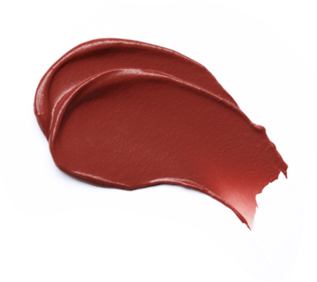 Zbliżenie: matowa pomadka essence JUICY MATTE 01 Maple Rouge w ciepłym odcieniu brązowo-czerwonym, rozmazana smuga na białym tle.