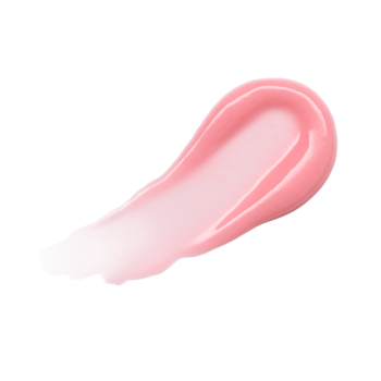 Różowy, błyszczący swatch balsamu essence hydra kiss 02 Cotton Kiss o olejkowej formule na białym tle. Rozświetla.