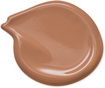 Błyszczący bronzer w płynie, ciepły brąz. Pojedyncza, nieregularna kropla na białym tle. Idealny do konturowania.