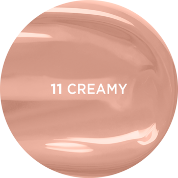 Próbka pomadki płynnej VinyLove w odcieniu 11 Creamy, beżowy z błyszczącym winylowym wykończeniem.