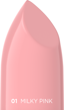 Zbliżenie na kremową pomadkę do ust Celebrity Nudes w odcieniu 01 Milky Pink, z widoczną nazwą na sztyfcie.