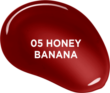 Błyszcząca kropla żelowego tintu 05 Honey Banana, w intensywnym odcieniu ciemnej czerwieni, na białym tle.