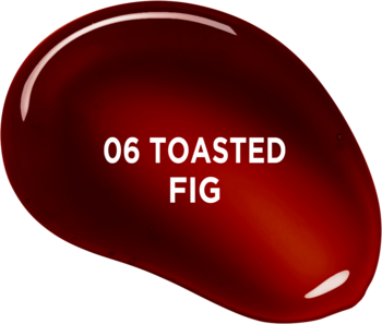 Ciemnobordowy żelowy tint do ust i policzków, odcień 06 Toasted Fig, błyszcząca plama z białym napisem.