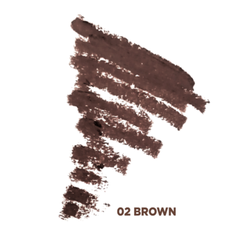 Brązowa kredka Eveline Better Than Perfect 02 Brown, swatche. Różne grubości kresek na białym okręgu.
