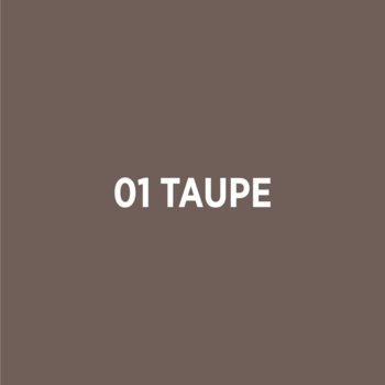 Kwadratowa próbka koloru '01 TAUPE', brązowo-szarego odcienia kredki do brwi 2w1, z białym tekstem.