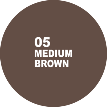 Próbnik koloru 05 Medium Brown automatycznej kredki do brwi, okrągły kształt z białym tekstem.