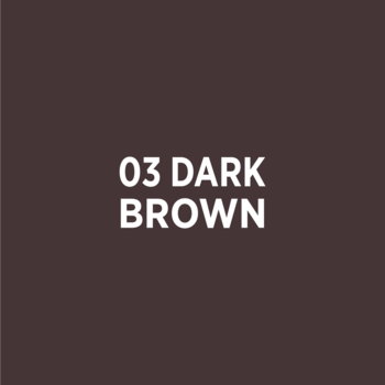 Kwadratowy próbnik koloru ciemnobrązowego do kredki do brwi 2w1, z białym napisem "03 DARK BROWN".
