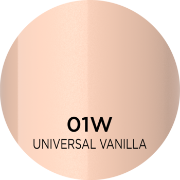 Okrągła próbka bazy i tintu FACE FILLER Celebrity Skin w odcieniu 01W UNIVERSAL VANILLA, jasny beżowy.