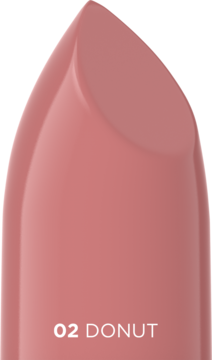 Zbliżenie na kremową pomadkę Celebrity Nudes 02 DONUT, odcień brudnego różu, lekko ścięta końcówka.
